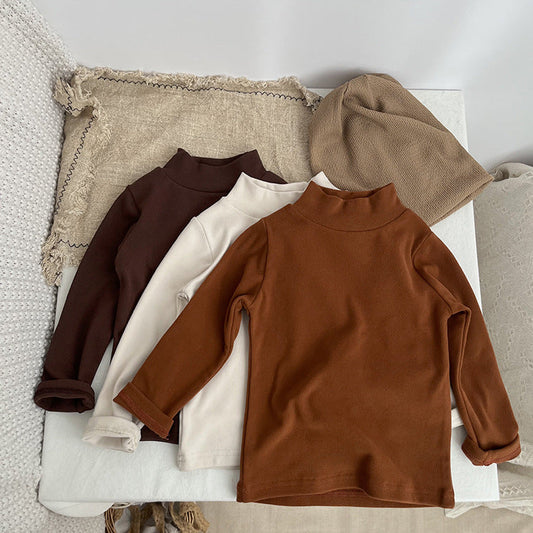 Baby Solid Color High Neck Long Sleeve Pullover Shirt Tops