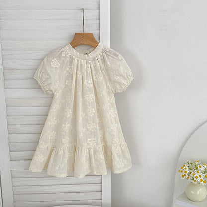 Summer Girls Solid Color Flowers Embroidery Short Sleeves Onesies and Girls’ Dress – Princess Sister Matching Set