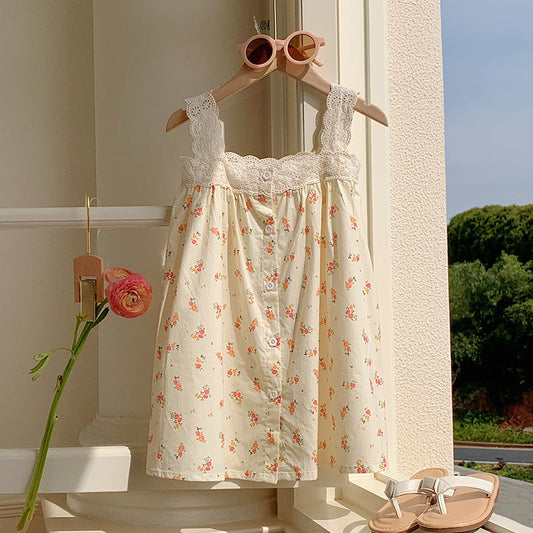 Summer Baby Kids Girls Sleeveless Single Breasted Floral Print Lace Hollow Out Strap Princess Dress