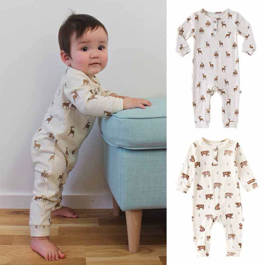 Autumn Arrival Baby Unisex Long Sleeves Casual Animals Pattern Rompers