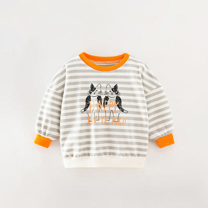 Baby Boy Cartoon Cat & Striped Pattern Colormatching Design Hoodie