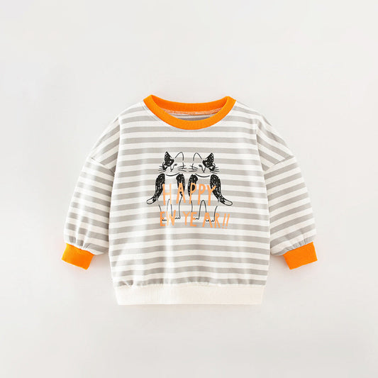 Baby Boy Cartoon Cat & Striped Pattern Colormatching Design Hoodie