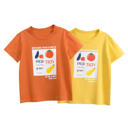 Summer Girls’ Fruits and Letters Pattern Printed T-shirt in European and American Style