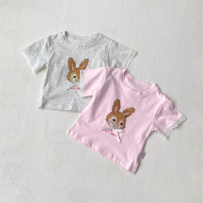 Summer Hot Selling Baby Kids Girls Short Sleeves Cartoon Rabbit Pattern T-shirt