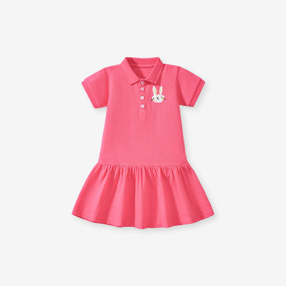 Summer Arrival Cute Rabbits Pattern Short Sleeves Polo Dress for Stylish Girls