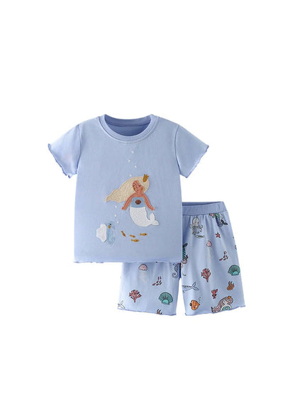 Summer Baby Kids Mermaid and Marine Animals Pattern T-shirt and Shorts Clothing Set for Girls