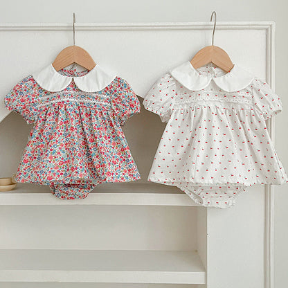 Summer Baby Girls Short Sleeves Floral Pattern Dress And Shorts – Princess Sister Matching Set