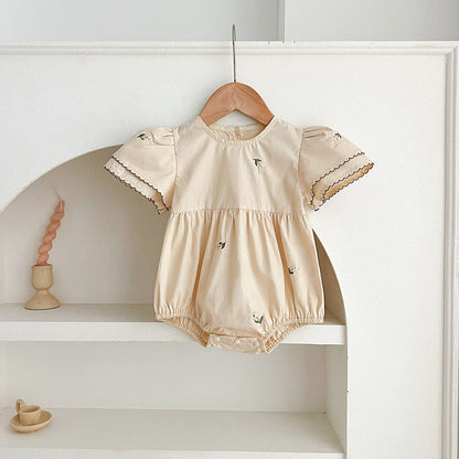 Summer Baby Girls French-style Flowers Embroidery Pattern Short-sleeved Onesies and Dress – Princess Sister Matching