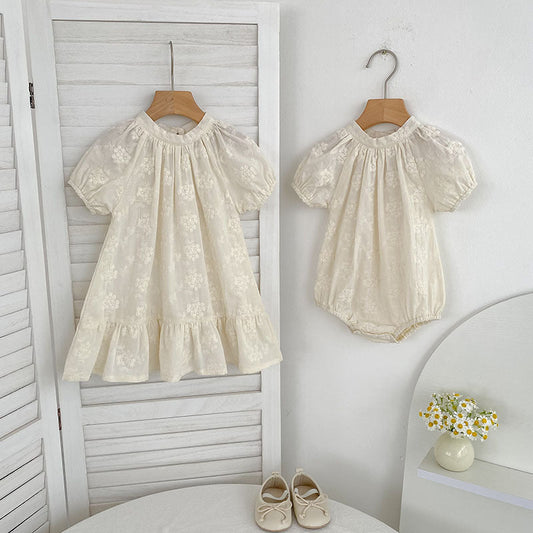 Summer Girls Solid Color Flowers Embroidery Short Sleeves Onesies and Girls’ Dress – Princess Sister Matching Set